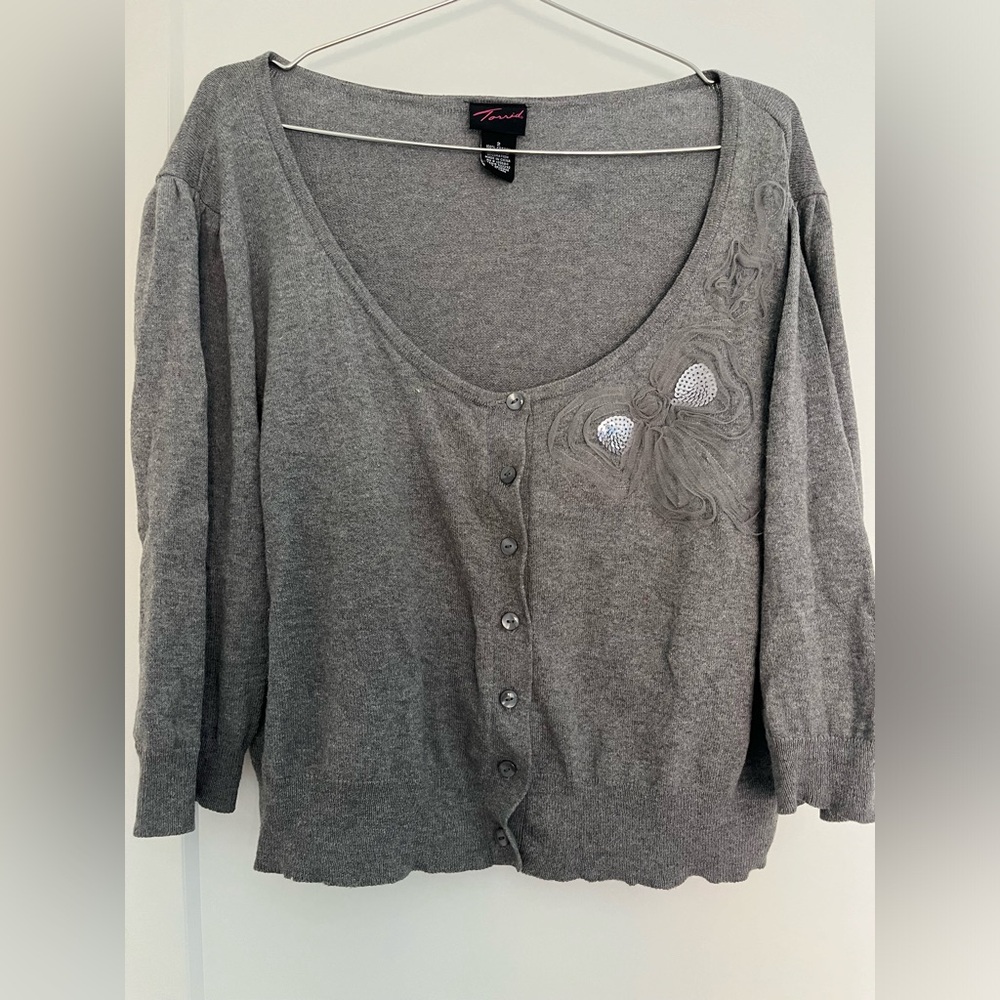 VINTAGE Torrid Women Sweater Gray Sequins Cardigan 3/4 Sleeve Scoop Neck Size 2